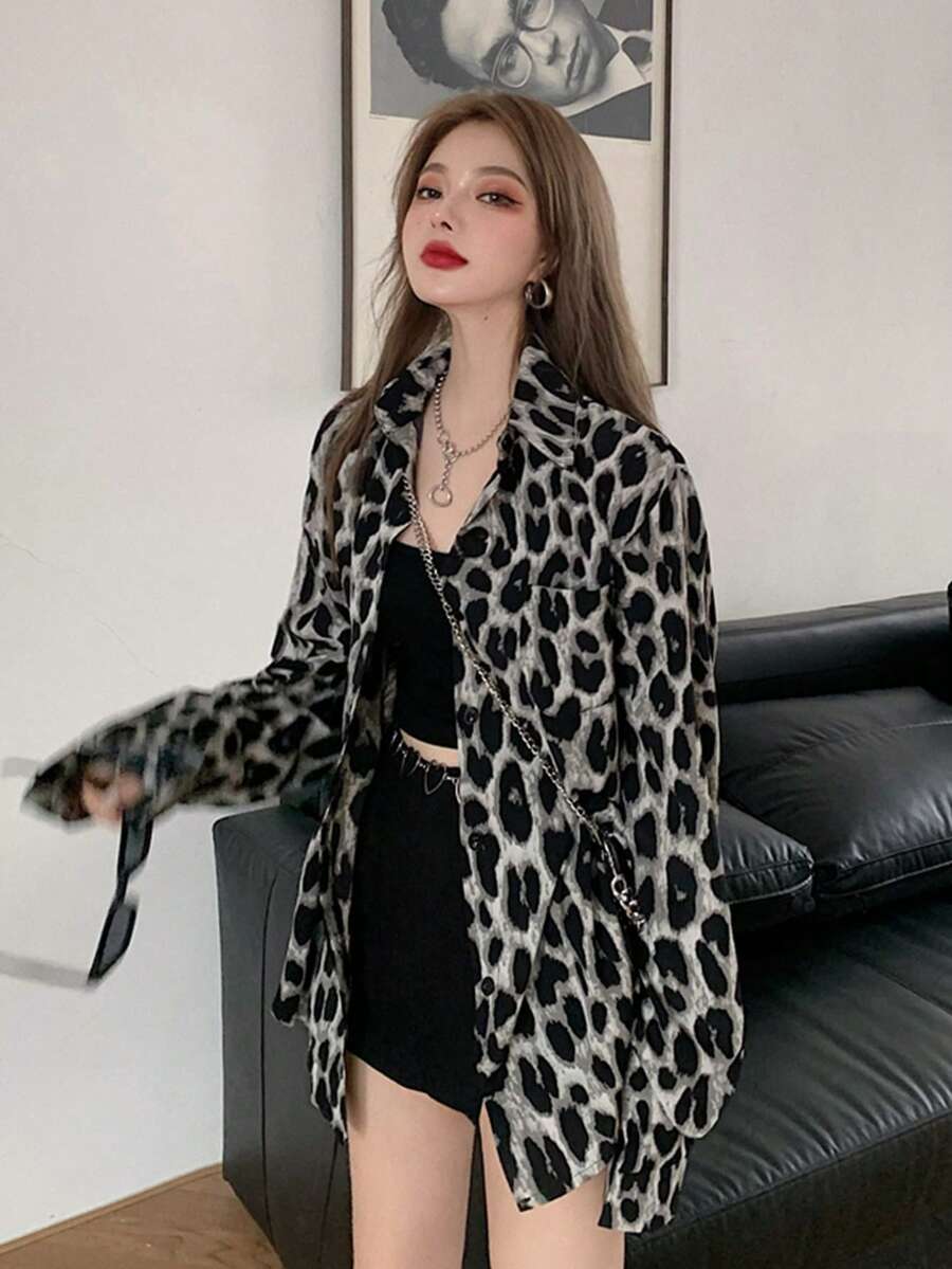 豹纹纽扣衬衫，长袖上衣 - 黑色 - 查看 1