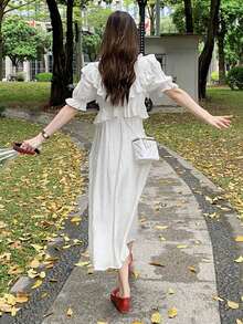 Solid Ruffle Trim A-line Dress - White - View 2