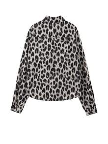 豹纹纽扣衬衫，长袖上衣 - 黑色 - 查看 2