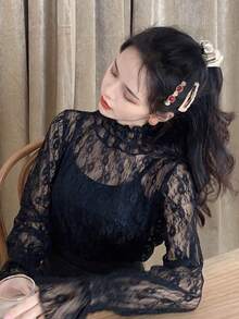 Solid Ruffle Sleeve Sheer Lace Top