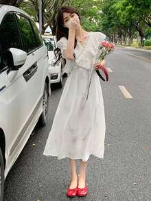 Solid Ruffle Trim A-line Dress - White - View 4