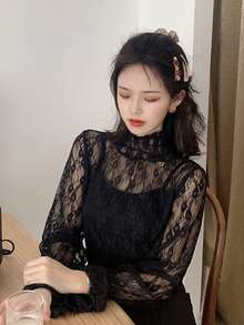 Solid Ruffle Sleeve Sheer Lace Top