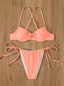 有鋼圈T型夏季海灘比基尼套裝 - 珊瑚橙 - 查看 5