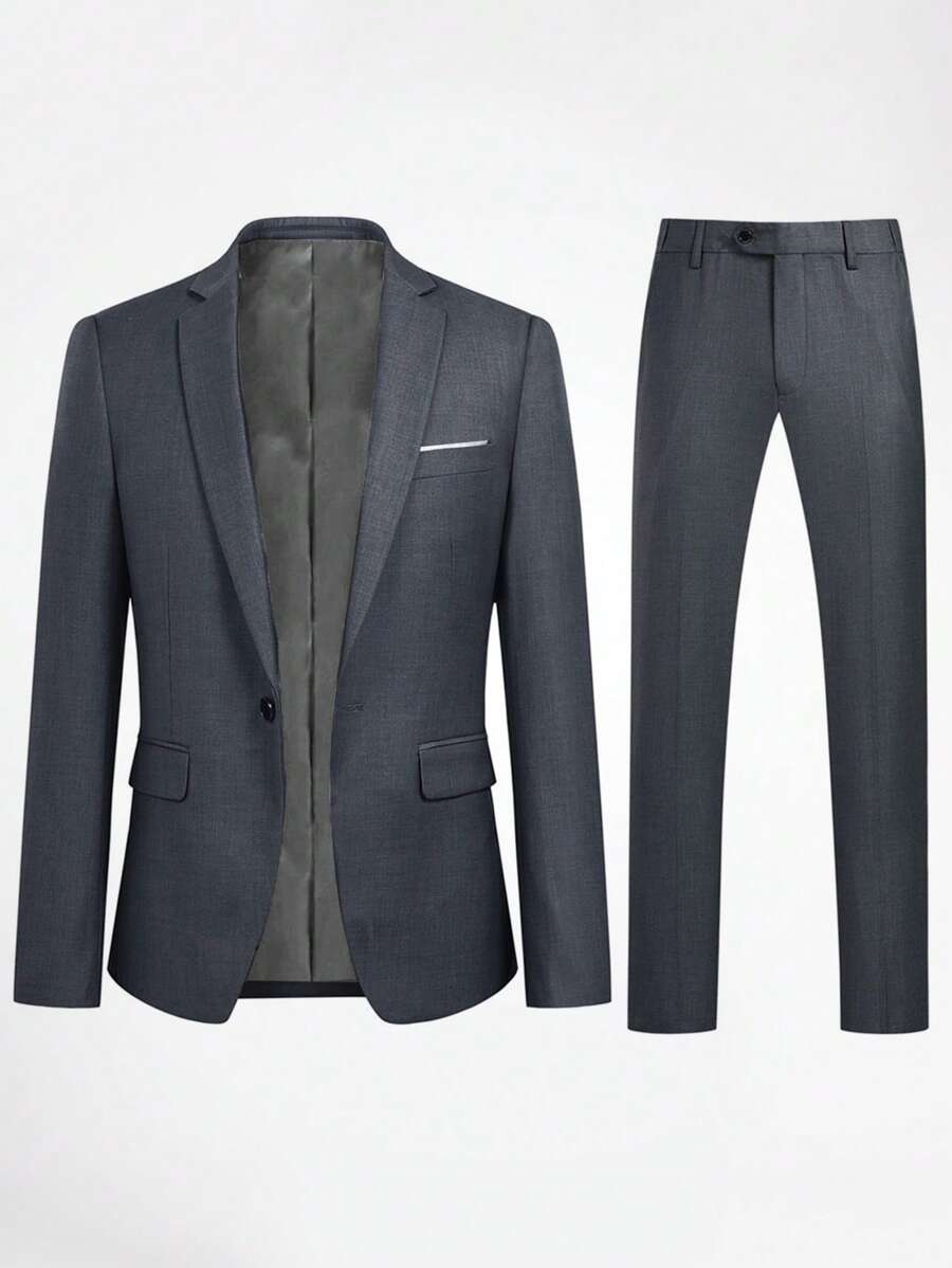 CLOUDSTYLE Men Flap Detail Blazer & Trousers Suit Set - Dark Grey - View 1