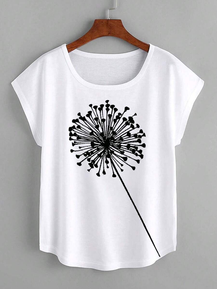 SHEIN LUNE Dandelion Print Batwing Sleeve Tee - White - View 1