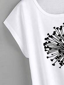 SHEIN LUNE Dandelion Print Batwing Sleeve Tee - White - View 3