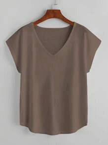 SHEIN LUNE Solid Batwing Sleeve V Neck Tee - Mocha Brown - View 1