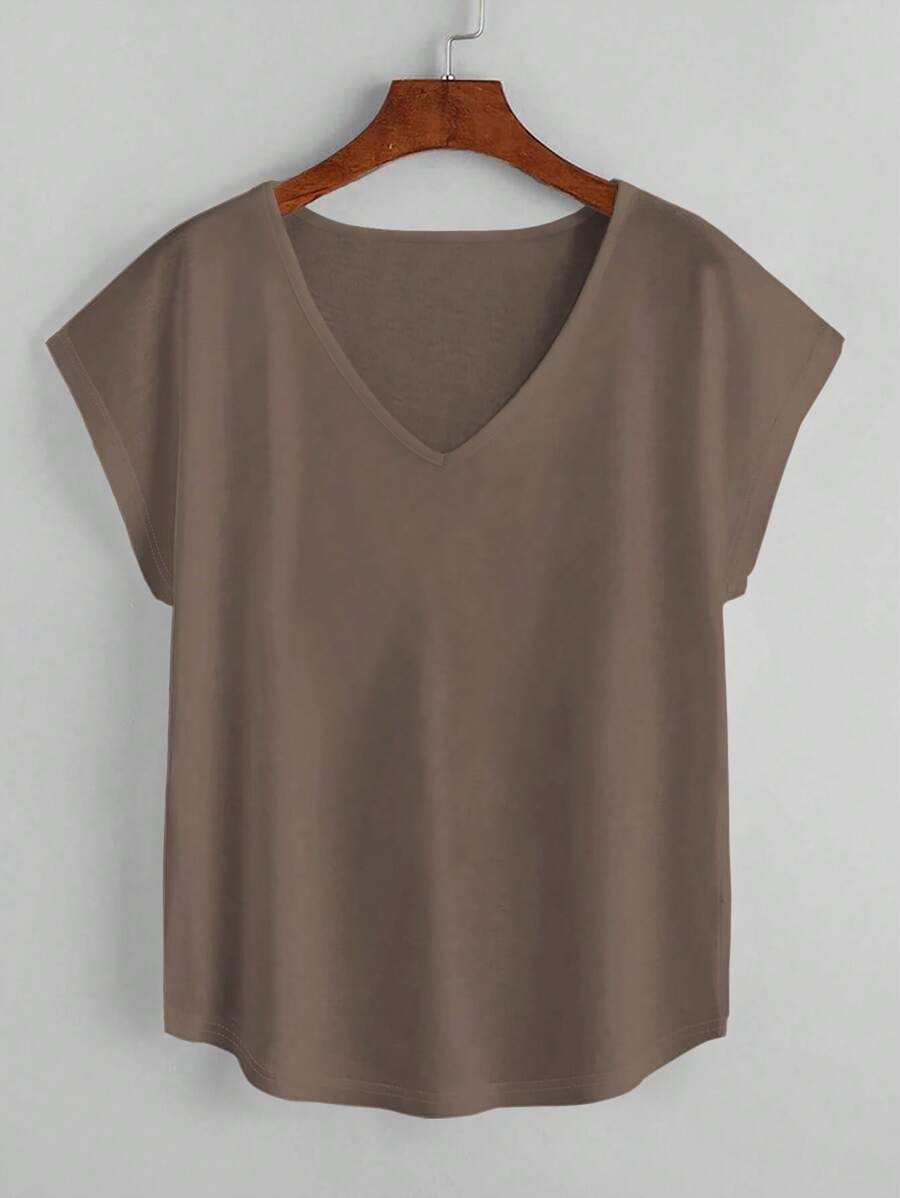 SHEIN LUNE Solid Batwing Sleeve V Neck Tee - Mocha Brown - View 1
