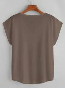 SHEIN LUNE Solid Batwing Sleeve V Neck Tee - Mocha Brown - View 2