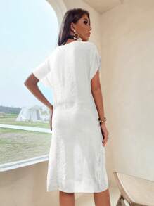 Cover up de croché en contraste ribete de manga murciélago de muslo con abertura - Blanco - Ver 2