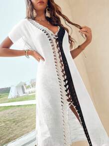 Cover up de croché en contraste ribete de manga murciélago de muslo con abertura - Blanco - Ver 3