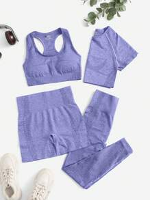 Yoga Basic 4pcs Seamless Raglan Sleeve Wide Waistband Sports Set - Purple - View 1