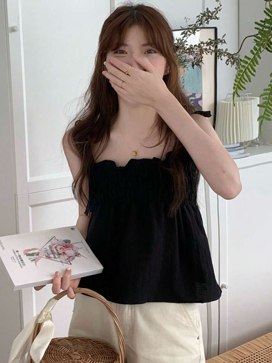 Top de tirantes unicolor ribete con fruncido - Negro - Ver 1