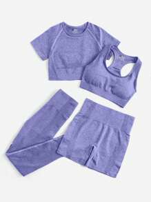 Yoga Basic 4pcs Seamless Raglan Sleeve Wide Waistband Sports Set - Purple - View 3