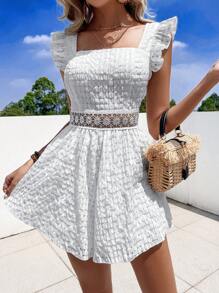 SHEIN VCAY Guipure Lace Insert Ruffle Trim Tie Backless Jumpsuit - White - View 1