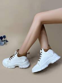 Letter Patch Decor Lace-up Front Chunky Sneakers - White - View 1