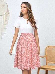 Geo Print Keyhole Neckline Fold Pleated Dress - Multicolor - View 4