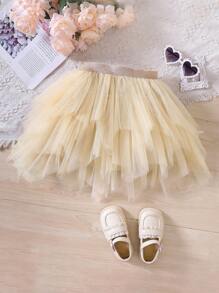 Toddler Girls Layer Mesh Overlay Skirt - Apricot - View 1