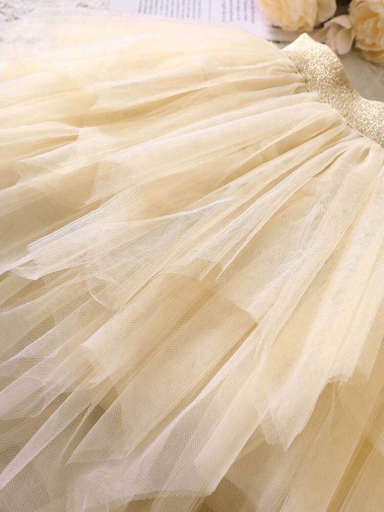 小女童多層網紗覆蓋半身裙 - 杏色 - 查看 5