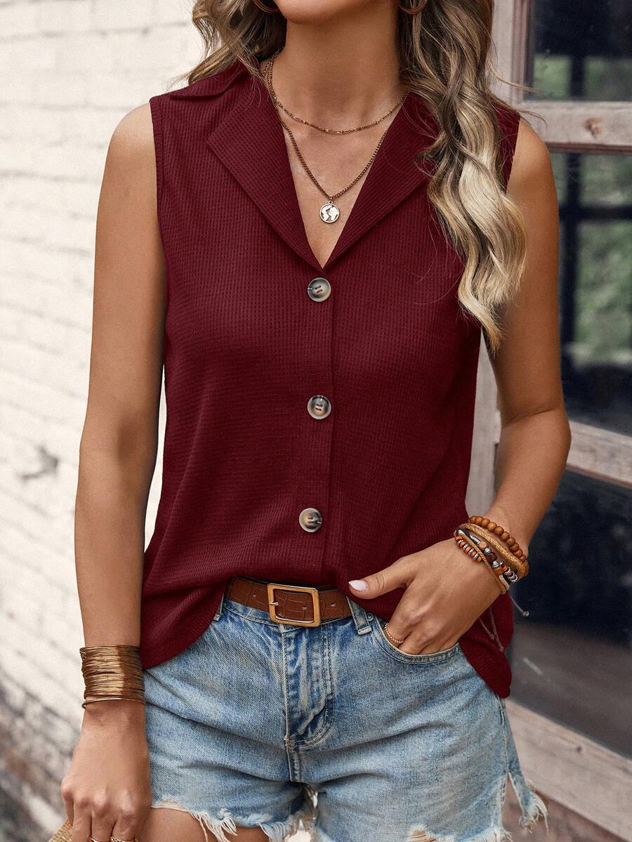 SHEIN LUNE Áo khoác và áo lót dành cho xe tăng nữ Nút phía trước màu trơn Giải trí - Màu Đỏ Sâu - Xem 1