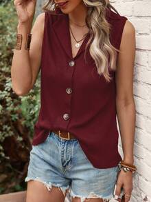 SHEIN LUNE Áo khoác và áo lót dành cho xe tăng nữ Nút phía trước màu trơn Giải trí - Màu Đỏ Sâu - Xem 5