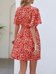 Breezaya 碎花蝴蝶袖前打結連衣裙 - 紅色 - 查看 2