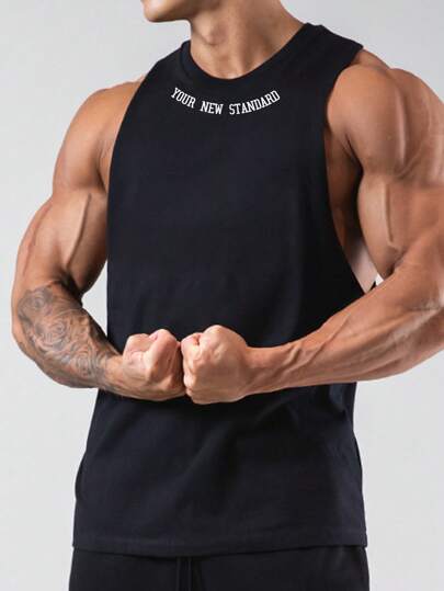 Manfinity Sport PWRUP 男友风格男士字母图案运动背心 运动上衣 背心套装，训练，紧身，图案，纯色，男士肌肉背心，男士健身服，健身上衣 运动上衣 透气