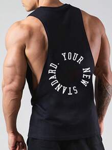 Manfinity Sport PWRUP 男友风格男士字母图案运动背心 运动上衣 背心套装，训练，紧身，图案，纯色，男士肌肉背心，男士健身服，健身上衣 运动上衣 透气 - 黑色 - 查看 2