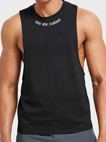 Manfinity Sport PWRUP 男友风格男士字母图案运动背心 运动上衣 背心套装，训练，紧身，图案，纯色，男士肌肉背心，男士健身服，健身上衣 运动上衣 透气 - 黑色 - 查看 3