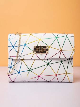 扭锁几何图案翻盖方形包，单肩包，女士包