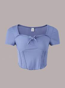 SHEIN 青少年女孩前打結雞心領口T恤 - 藍色 - 查看 1