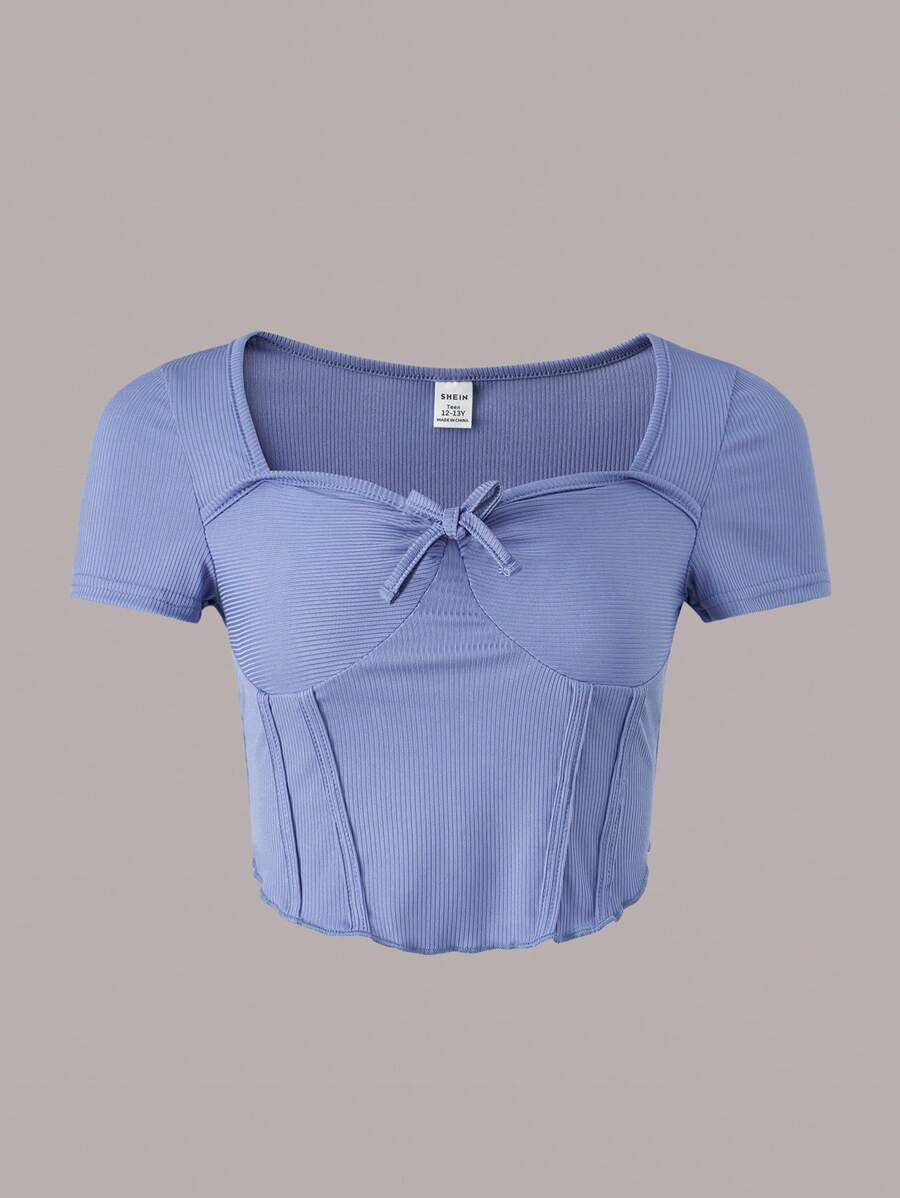 SHEIN 青少年女孩前打結雞心領口T恤 - 藍色 - 查看 1