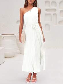 One Shoulder Pleated Hem Belted Dress - White - View 1
