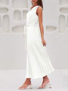 One Shoulder Pleated Hem Belted Dress - White - View 3