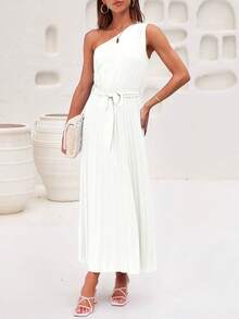One Shoulder Pleated Hem Belted Dress - White - View 4