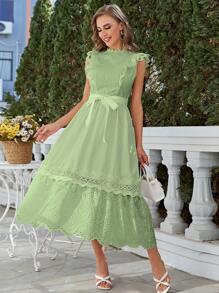 Simplee 拼接水溶蕾絲荷葉邊繫腰帶洋裝 - 薄荷綠 - 查看 1