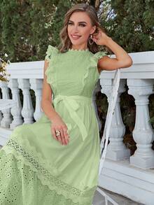 Simplee 拼接水溶蕾絲荷葉邊繫腰帶洋裝 - 薄荷綠 - 查看 3