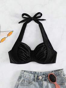 Summer Ruched Bust Halter Underwire Halter Bikini Top - Black - View 3