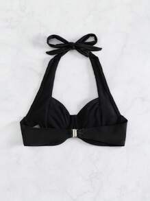 Summer Ruched Bust Halter Underwire Halter Bikini Top - Black - View 4