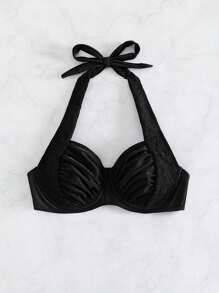 Summer Ruched Bust Halter Underwire Halter Bikini Top - Black - View 5