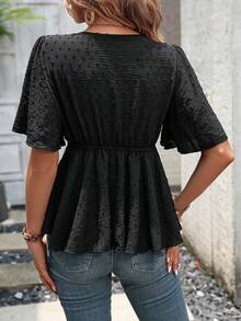 SHEIN LUNE Contrast Tape Plunge Neck Peplum Blouse - Black - View 2