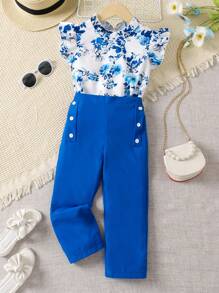 SHEIN Young Girl Floral Print Ruffle Trim Blouse & Pants Set