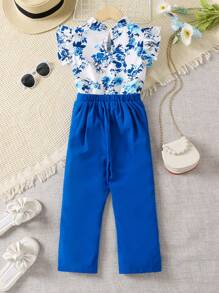 SHEIN Young Girl Floral Print Ruffle Trim Blouse & Pants Set