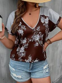 SHEIN LUNE Plus Floral Print Batwing Sleeve Tee - Multicolor - View 5