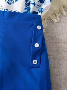 SHEIN Young Girl Floral Print Ruffle Trim Blouse & Pants Set