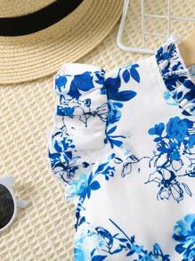 SHEIN Young Girl Floral Print Ruffle Trim Blouse & Pants Set