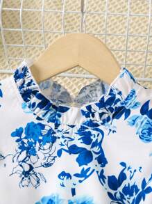 SHEIN Young Girl Floral Print Ruffle Trim Blouse & Pants Set