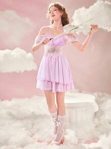 ROMWE 繫帶蕾絲拼接挖肩洋裝 - 粉色 - 查看 3