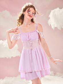 ROMWE 繫帶蕾絲拼接挖肩洋裝 - 粉色 - 查看 4