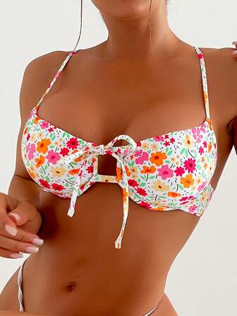 Summer Beach Floral Print Tie Front Underwire Bikini Top